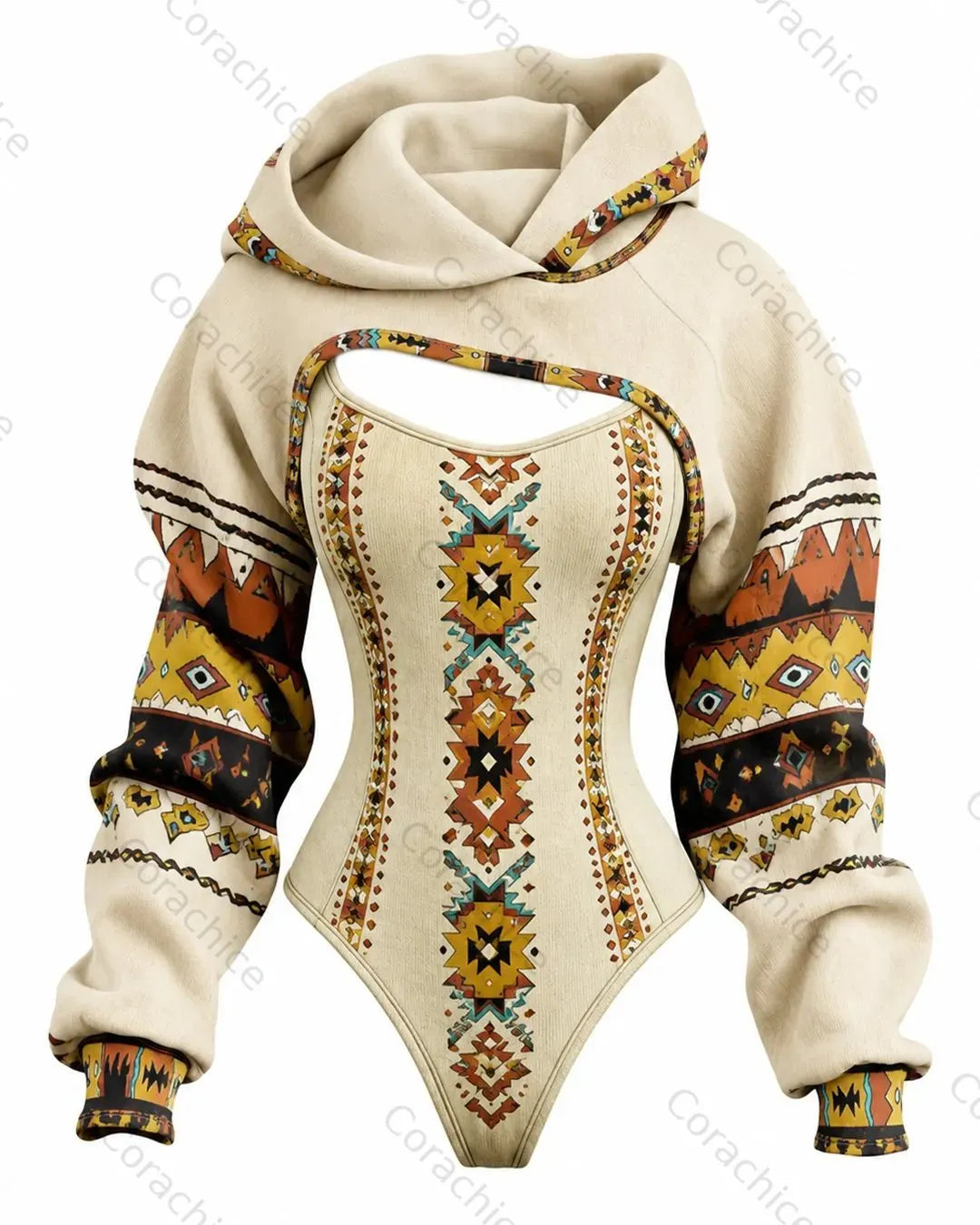 Cardydony Women's Western-Style Ethnic-Print Slim-Fit Hooded Jumpsuit