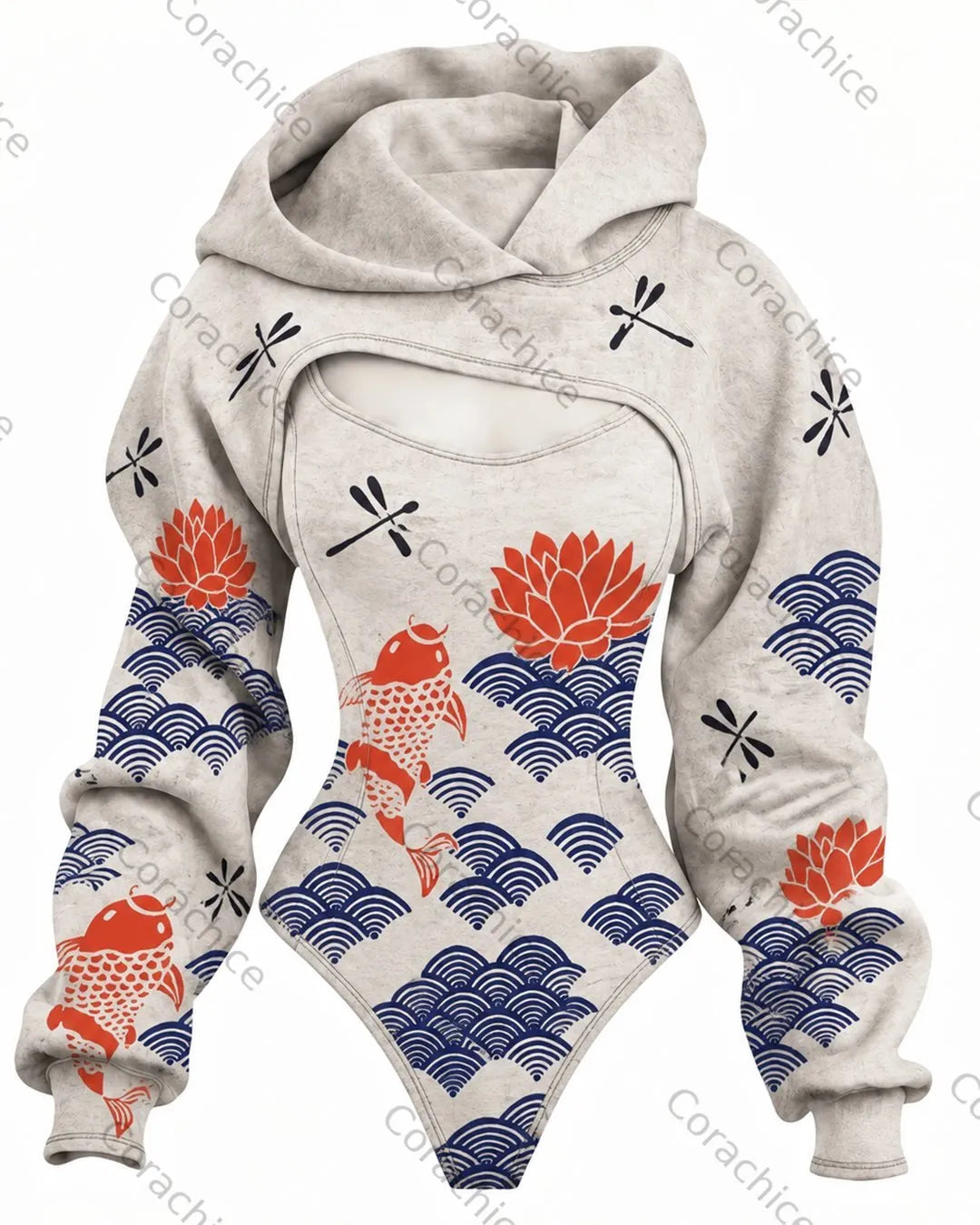 Cardydony Women's Japanese-Style Ocean-Print Fitted Hooded Jumpsuit