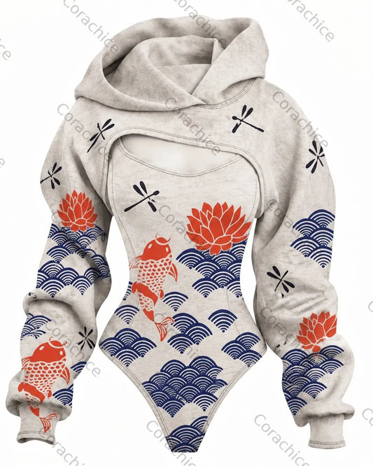 Cardydony Women's Japanese-Style Ocean-Print Fitted Hooded Jumpsuit