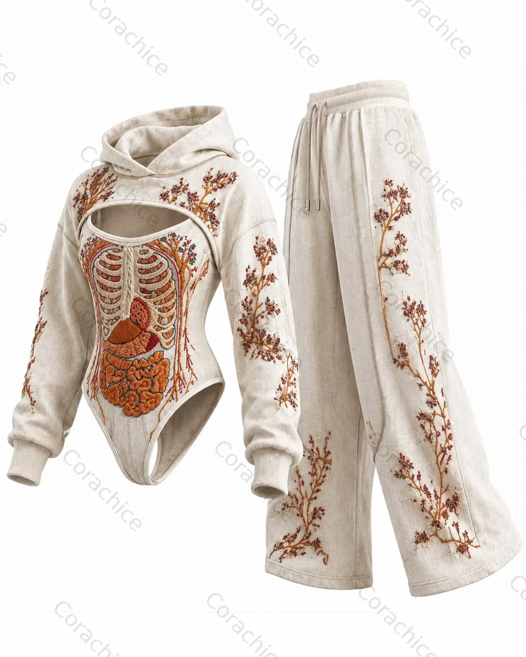 Cardydony Women's Halloween Print Irregular Cut Two-Piece Bodysuit & Pants