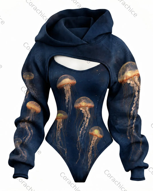 Cardydony Women's Japanese-Style Ocean-Print Fitted Hooded Jumpsuit