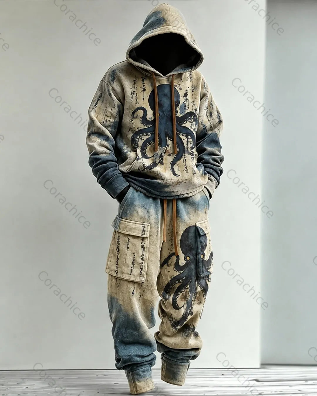 Cardydony Men's Fall and Spring Japanese-Style Printed Hooded & Pants Two-Piece