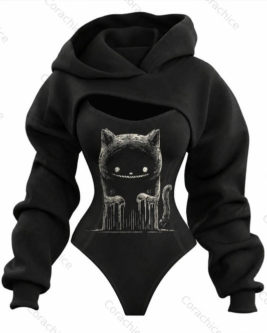 Cardydony Women's Ghost Cat Print Casual Irregular Cut Two-Piece Long-Sleeved Bodysuit
