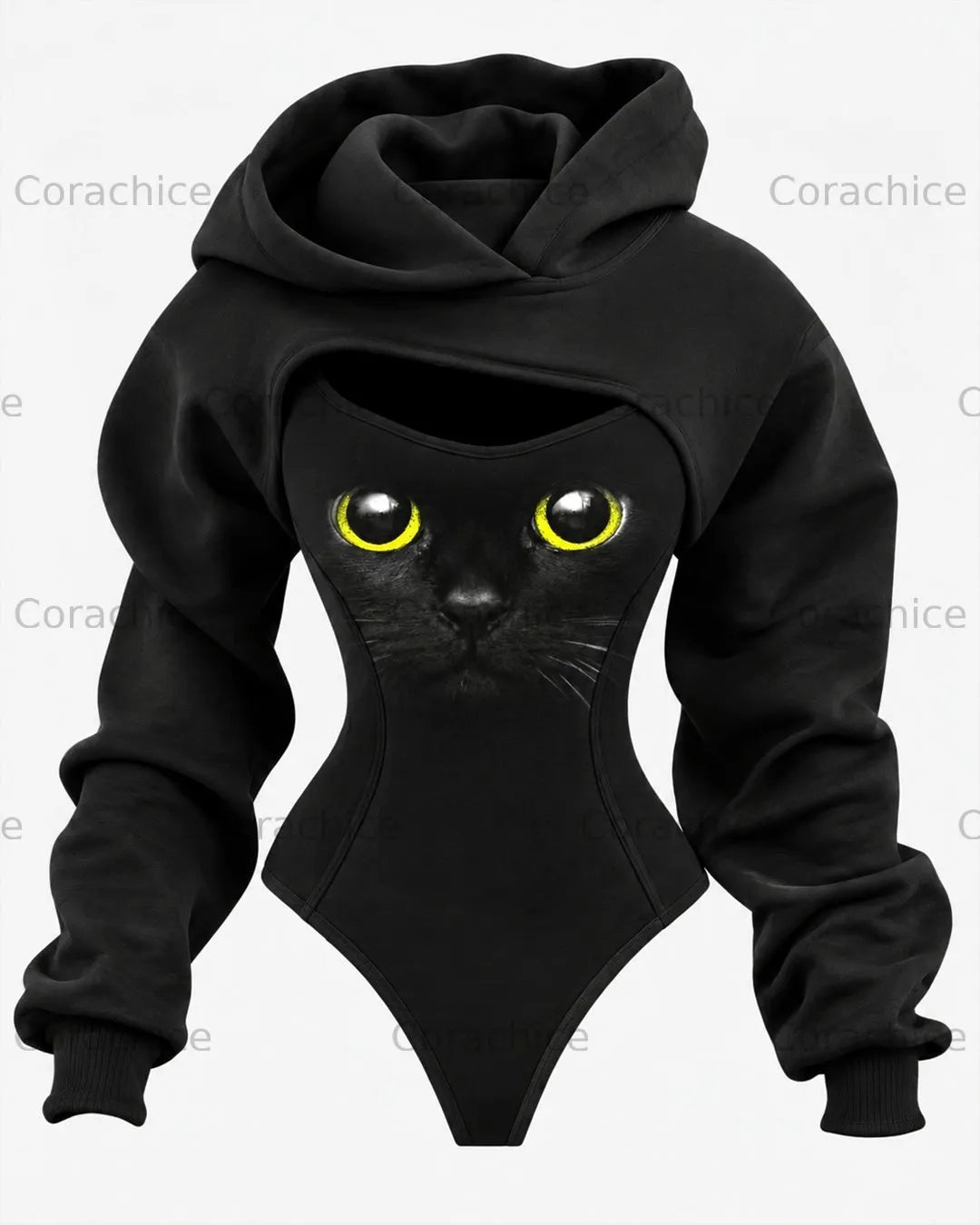 Cardydony Women's Casual Fashion Cute Cat Print Irregular Cut Two-Piece bodysuit