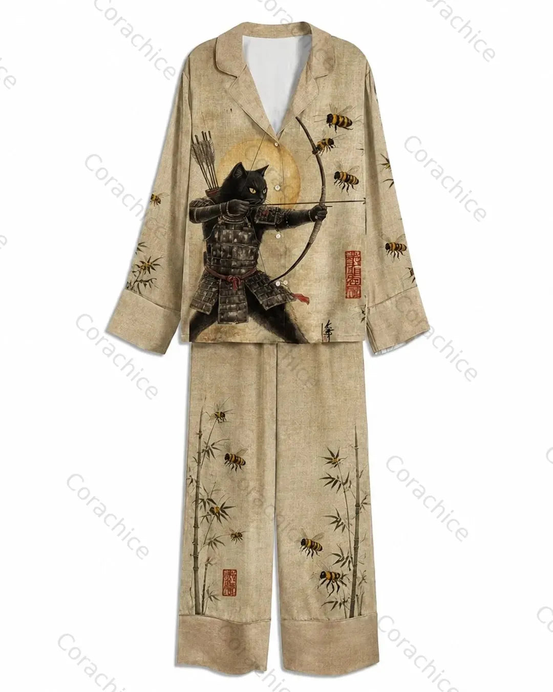 Cardydony Women's Japanese-style printed satin long-sleeve pajama