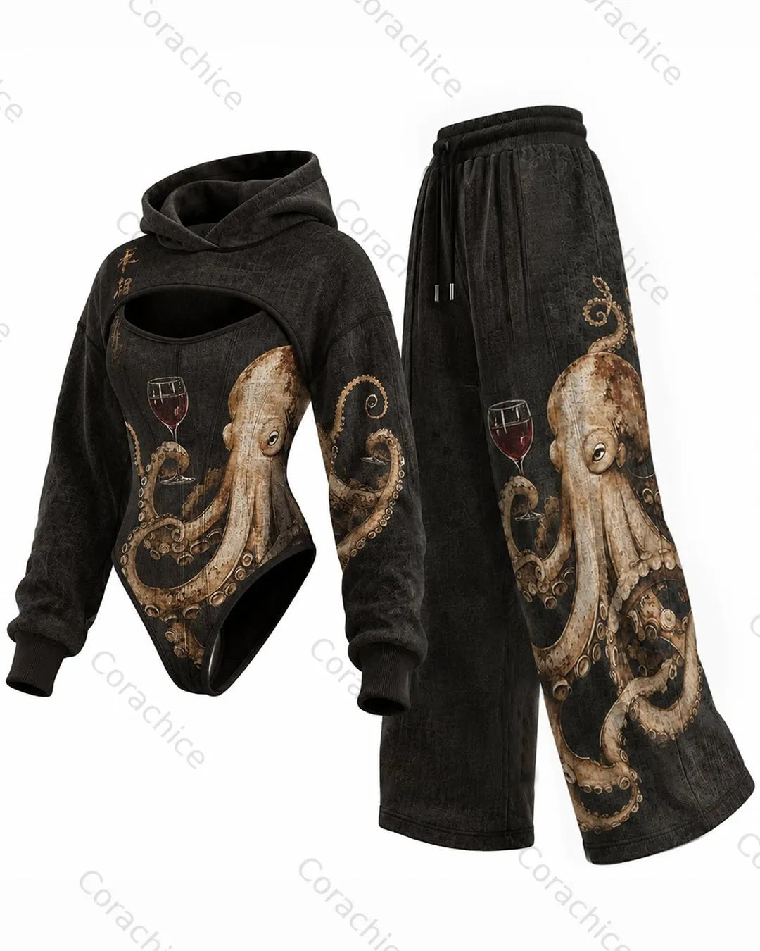Cardydony Women's Japanese octopus print irregular cut two-piece jumpsuit & pants