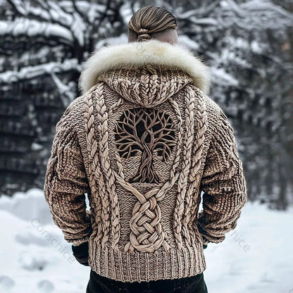 Cardydony Men's Viking Tribal Tree Of Life Celtic Chunky Knit Fuzzy Hooded Zipper Cardigan