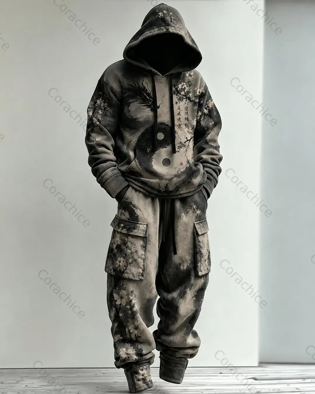Cardydony Men's Fall and Winter Japanese-Style Printed Hoodie & Pants Two-Piece