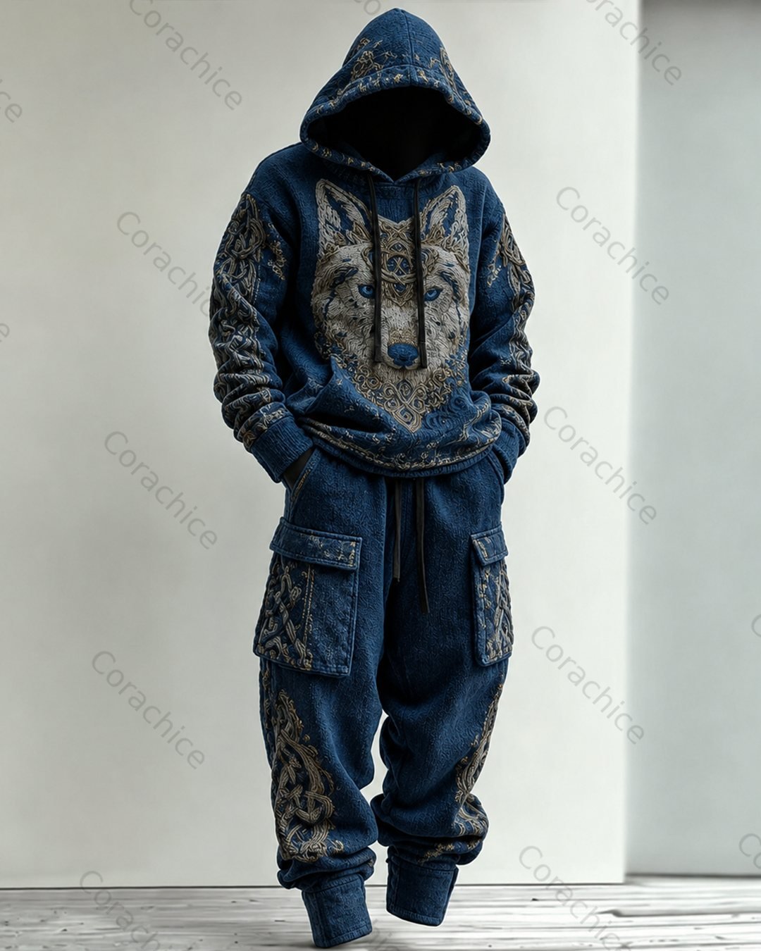 Cardydony Men's Viking Color-Block Dragon Embroidered Hoodie & Pants Two-Piece