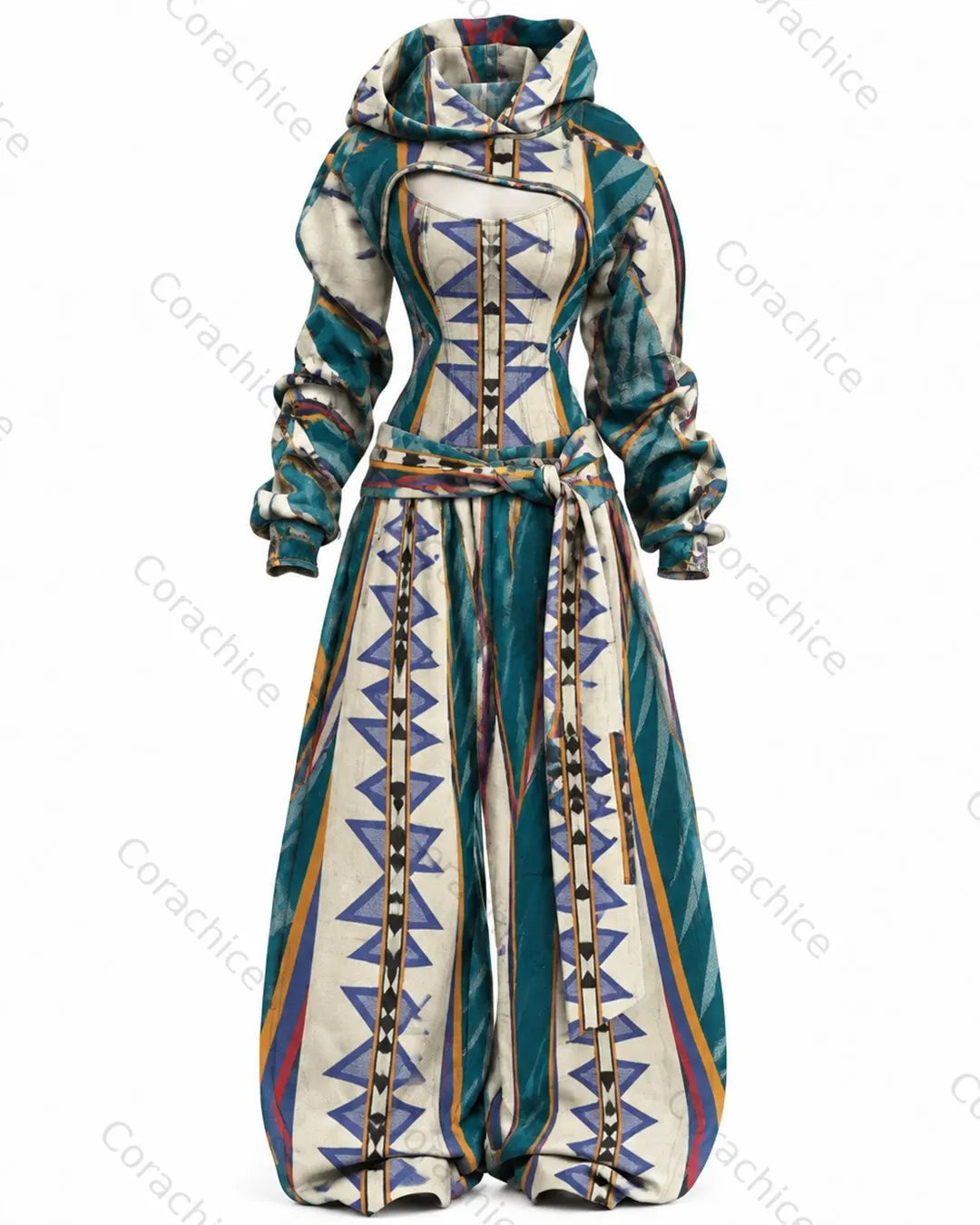 Cardydony Women's Western-Style Aztec-Print Fitted Hooded Jumpsuit and Pants Two-Piece