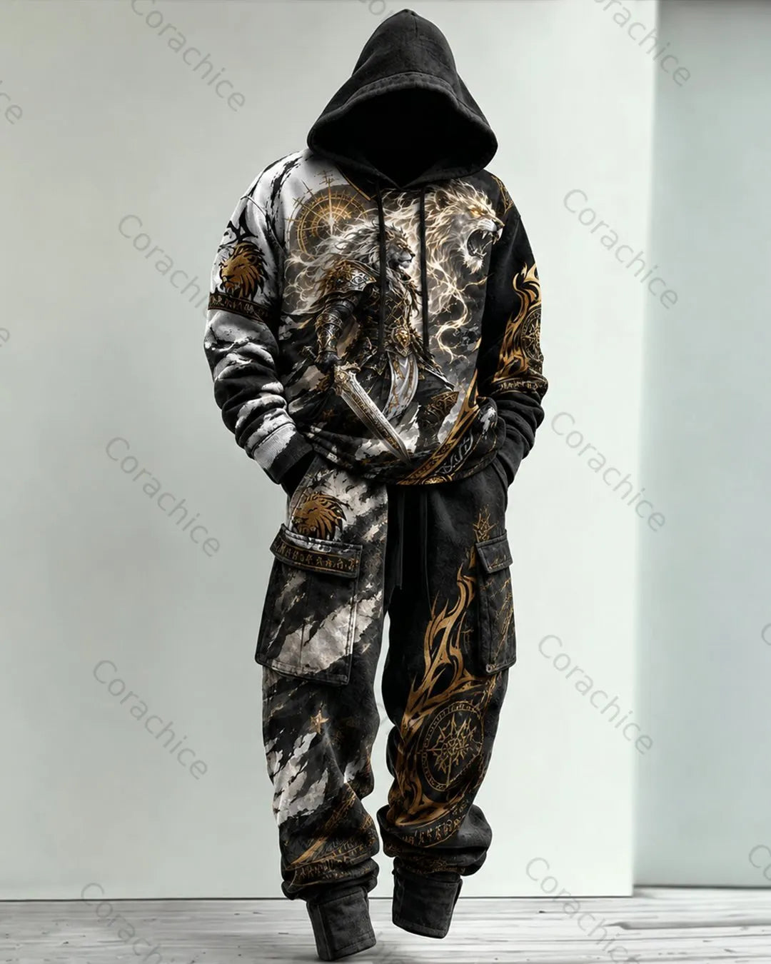 Cardydony Men's Fall and Winter Japanese-Style Printed Hooded & Pants Two-Piece