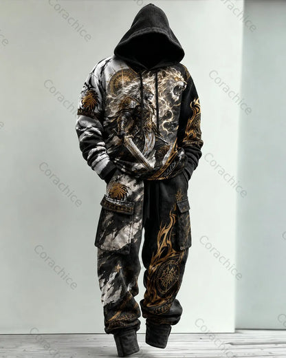 Cardydony Men's Fall and Winter Japanese-Style Printed Hooded & Pants Two-Piece