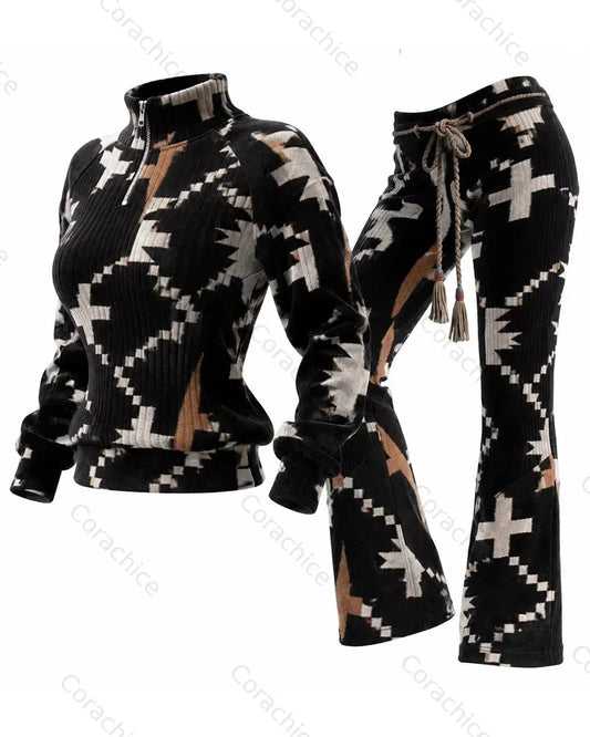 Cardydony Women's Western-Style Aztec-Print Stand-Collar Sweatshirt and Pants Two-Piece