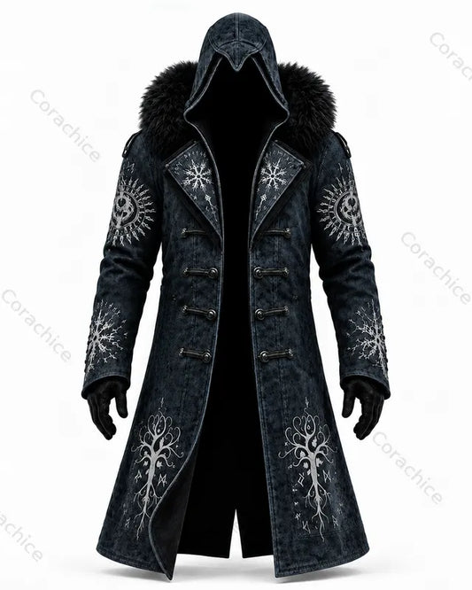 Cardydony Men's Autumn/Winter Retro Viking Tree of Life Print Faux Fur Collar Long Hooded Coat