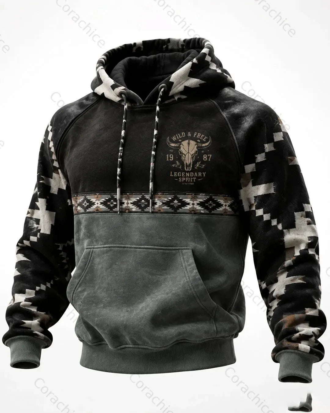 Cardydony Men's Retro Western-Style Aztec-Print Long-Sleeve Hoodie
