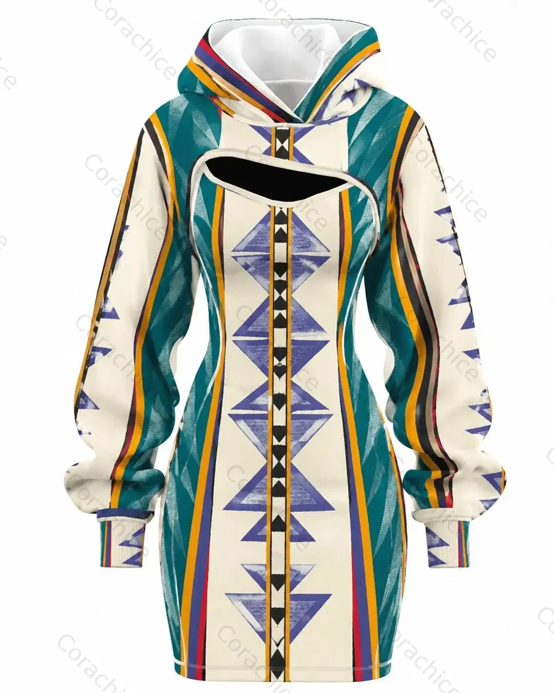 Cardydony Women's Autumn/Winter Retro Style Soft Handmade Ethnic Geometric Print Irregular Cut Long Sleeve Fitted Dress Two-Piece Set1346