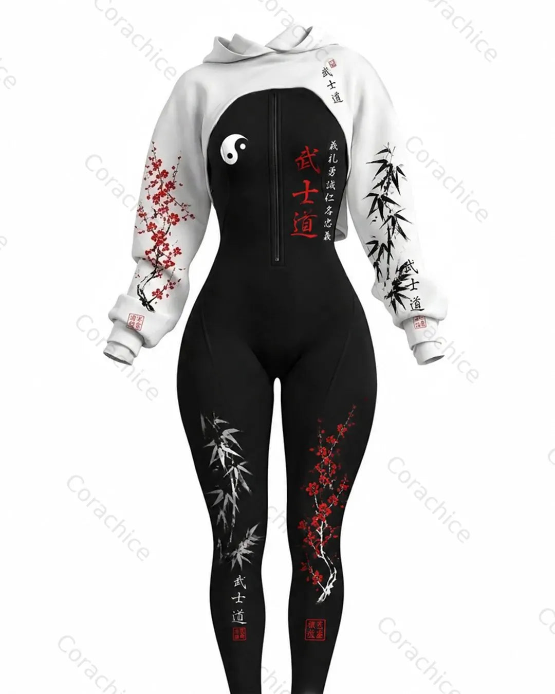 Cardydony Women's Japanese-Style Printed Color-Blocked Fitted Hooded Tunic and Jumpsuit