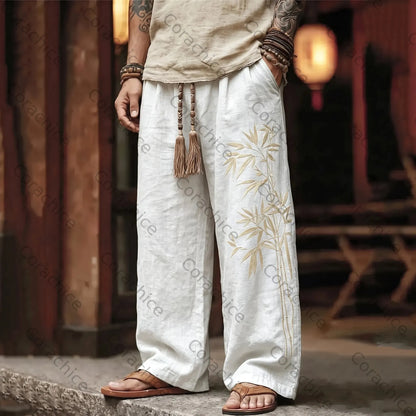 Cardydony Men's Vintage Japanese Bamboo Embroidery Art Linen Blend Pants