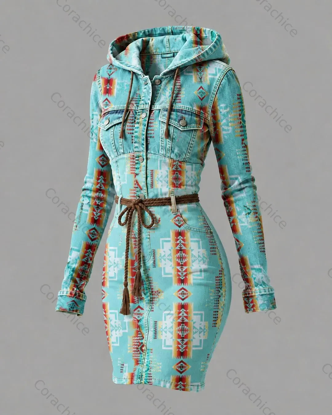 Cardydony Women's Western-Style Aztec-Print Denim Dress