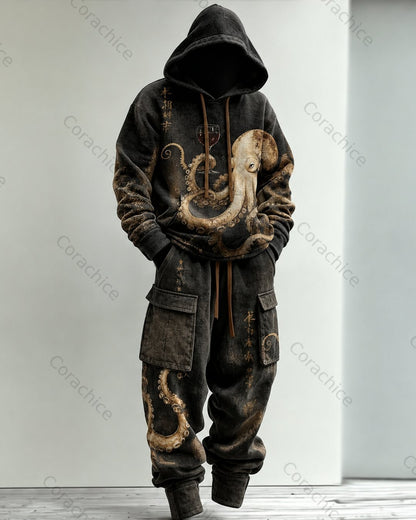 Cardydony Men's Fall and Spring Japanese-Style Printed Hooded & Pants Two-Piece