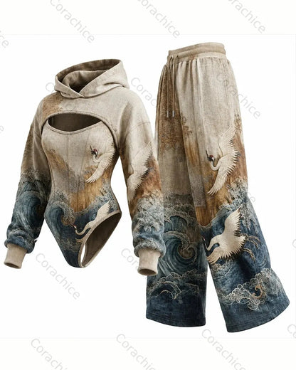 Cardydony Women's Japanese Retro Art Embroidery Irregular Cut Two-Piece Bodysuit & Pants