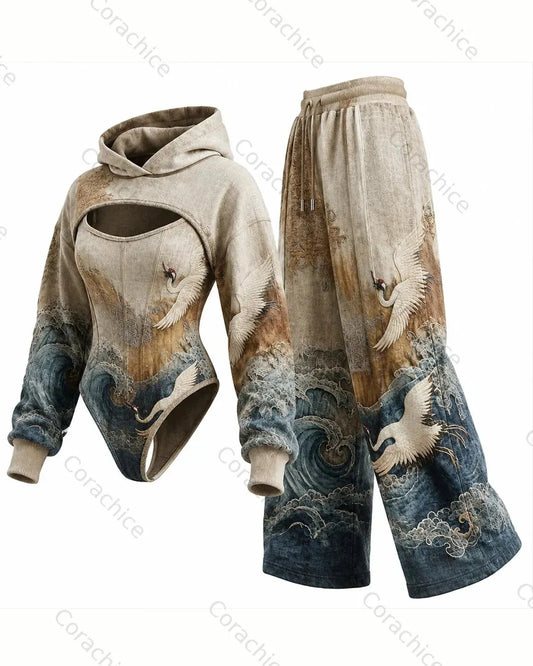 Cardydony Women's Japanese Retro Art Embroidery Irregular Cut Two-Piece Bodysuit & Pants