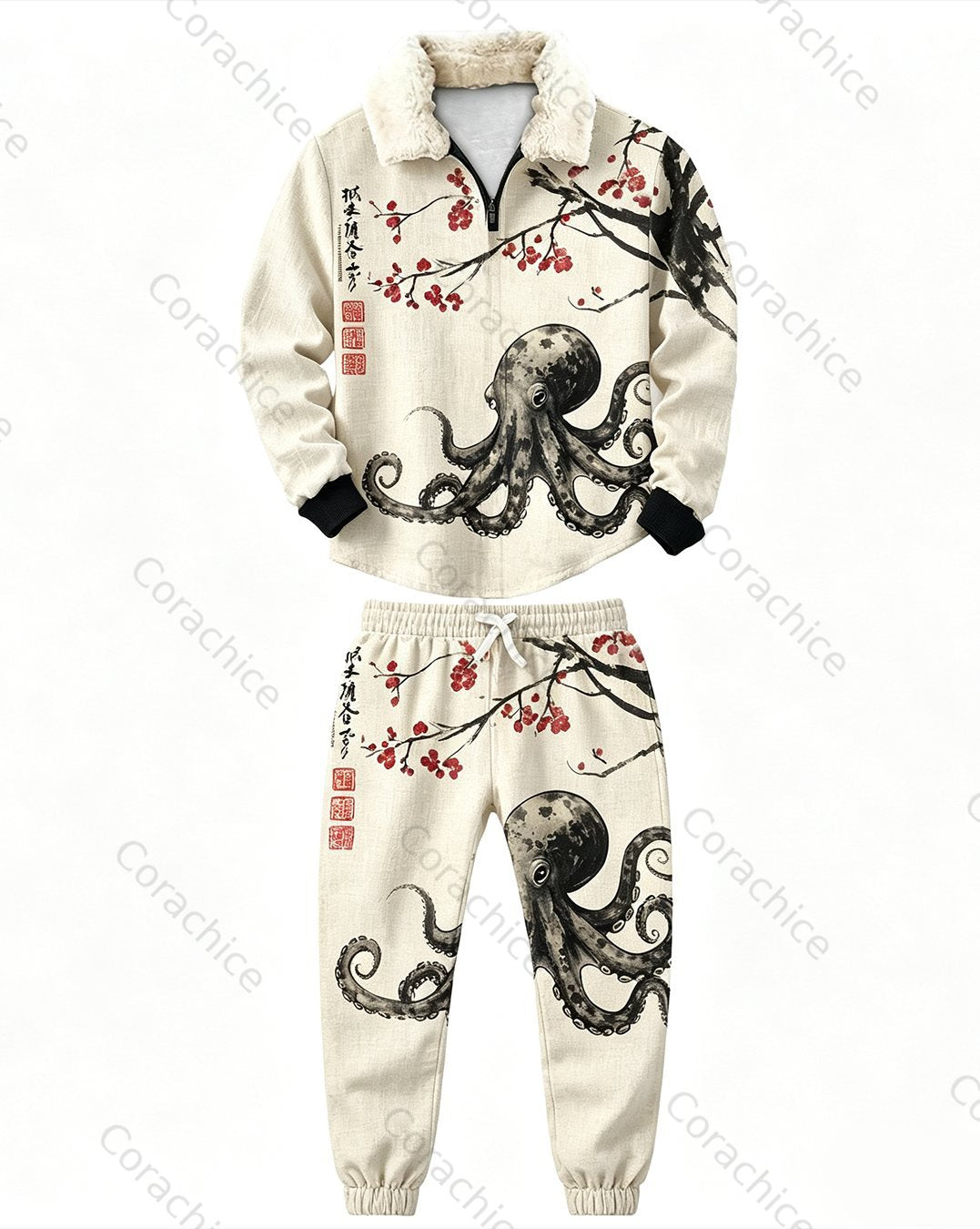 Cardydony The male lead wears a retro Japanese-themed art embroidery quarter-zip suede collar polo shirt and sweatpants two-piece