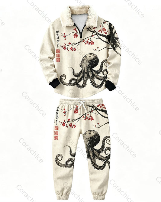 Cardydony The male lead wears a retro Japanese-themed art embroidery quarter-zip suede collar polo shirt and sweatpants two-piece