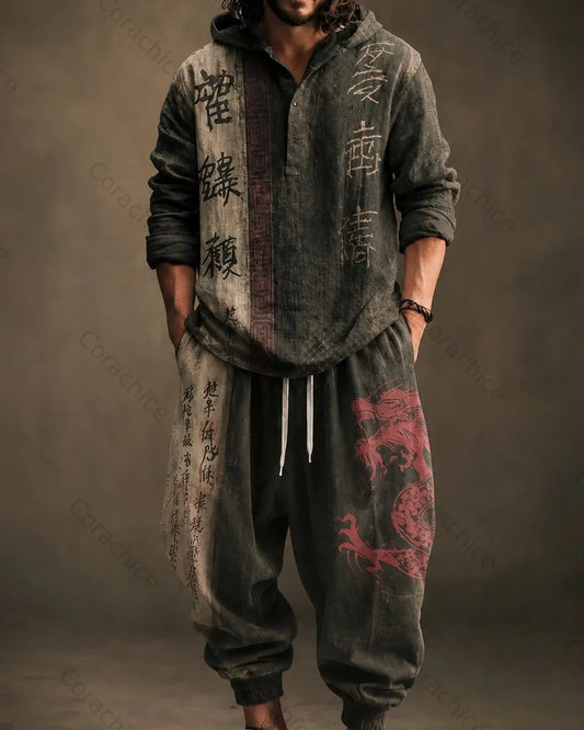 Cardydony Men's Japanese Retro Art Print Casual Top & Pants Two-Piece