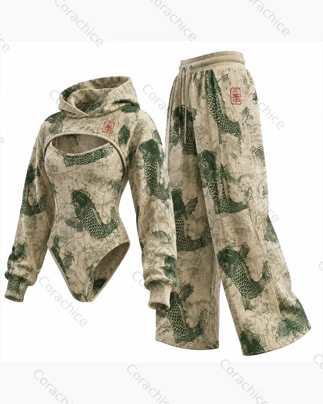 Cardydony Women's Japanese Retro Art Print Irregular Cut Two-Piece Jumpsuit & Pants