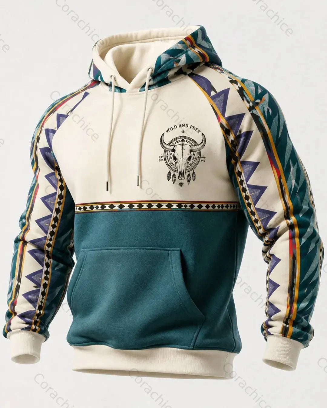 Cardydony Men's Retro Western-Style Aztec-Print Long-Sleeve Hoodie