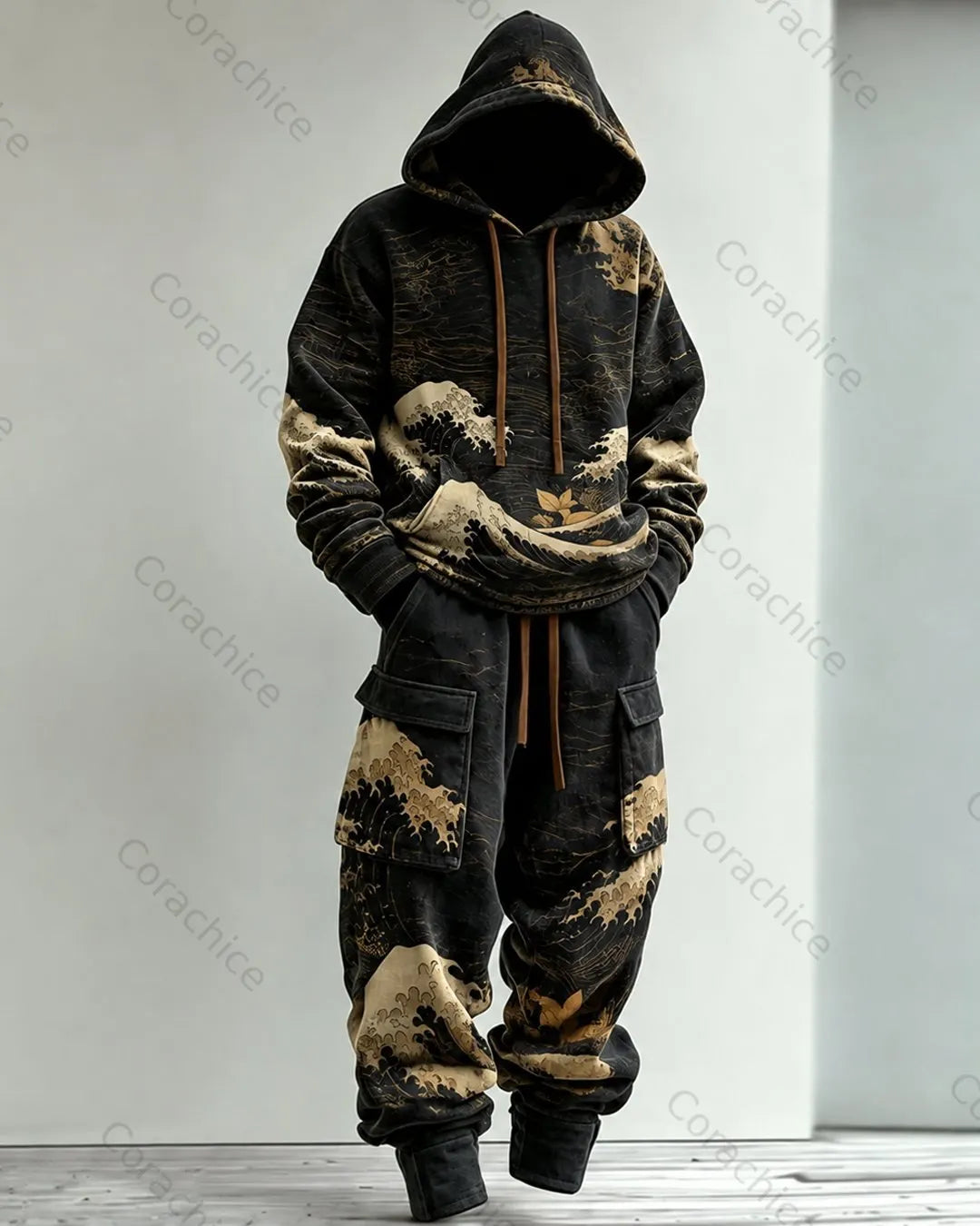 Cardydony Men's Fall and Spring Japanese-Style Printed Hooded & Pants Two-Piece