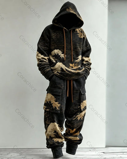 Cardydony Men's Fall and Spring Japanese-Style Printed Hooded & Pants Two-Piece