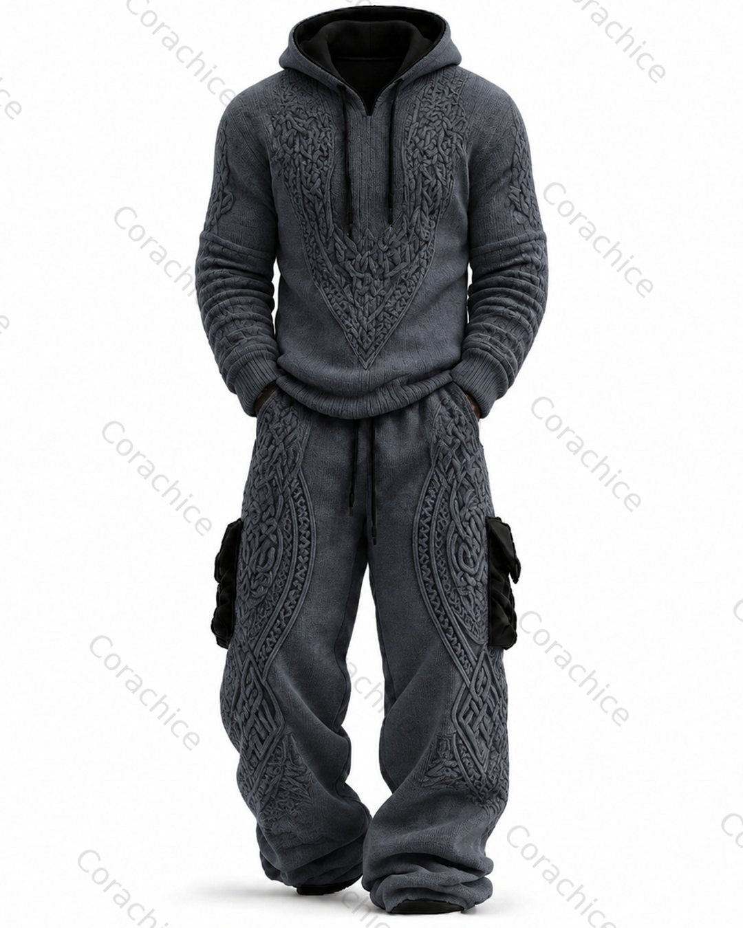 Cardydony Men's Viking Compass Embroidered Knit Hoodie and Pants Two-Piece