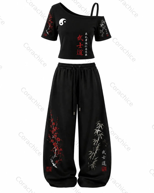 Cardydony Women's Japanese-Style Printed Cropped Off-the-Shoulder T-Shirt and Long Pants Two-Piece