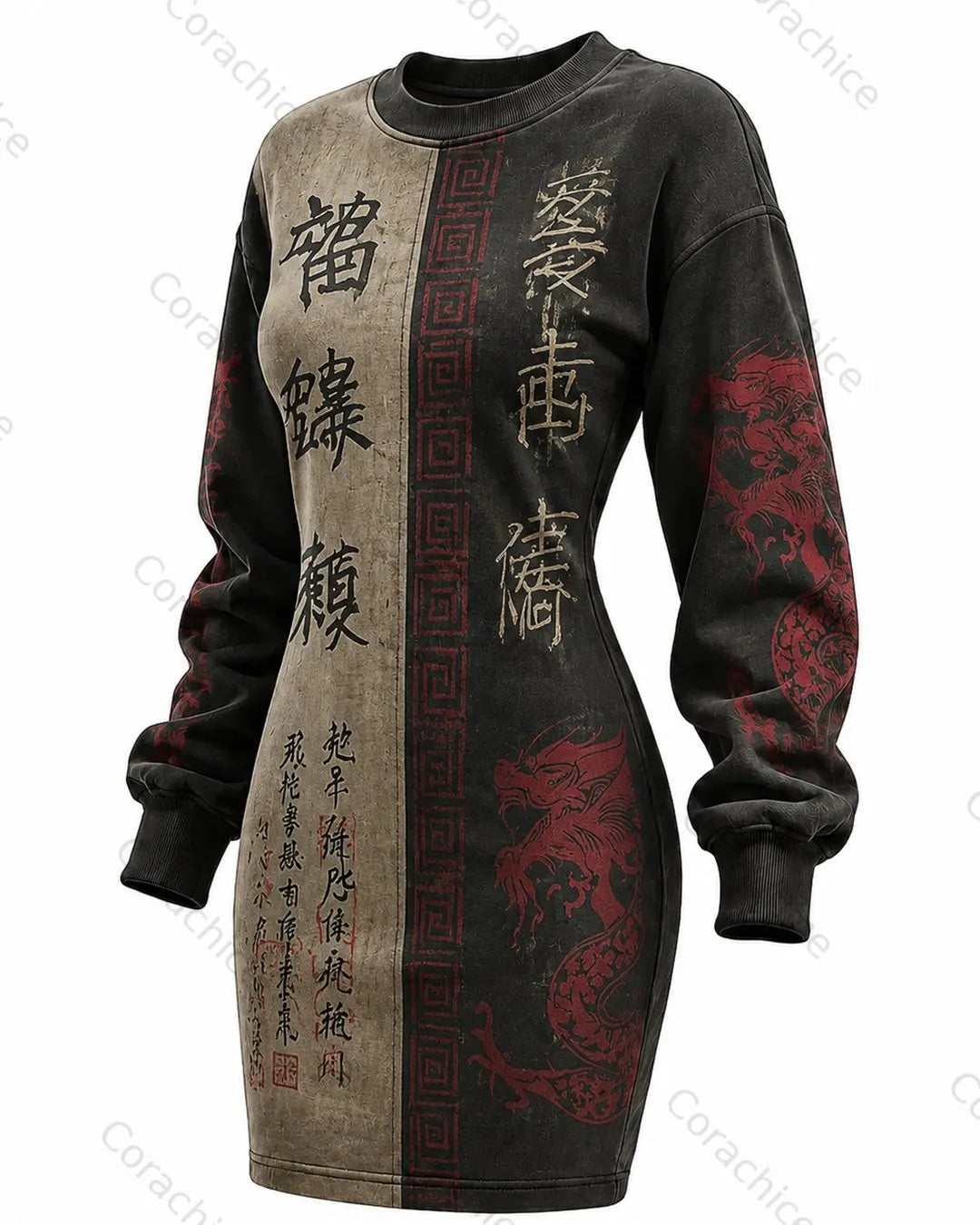 Cardydony Women's Japanese-Style Printed Fitted Long-Sleeve Sweatshirt Dress