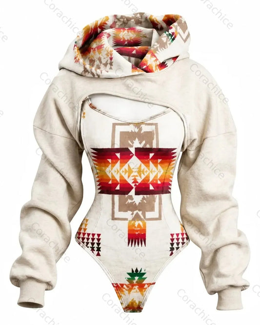 Cardydony Women's Western-Style Aztec-Print Fitted Hooded Jumpsuit