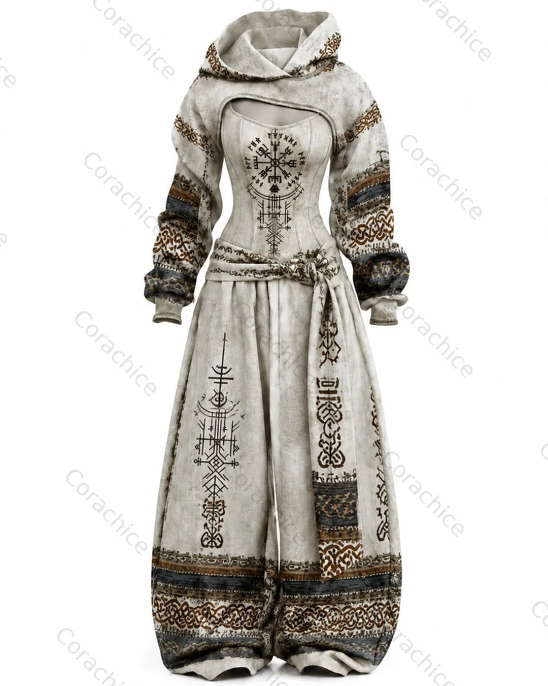 Cardydony Women's Fall Viking-Print Fitted Hooded Jumpsuit and Pants Two-Piece