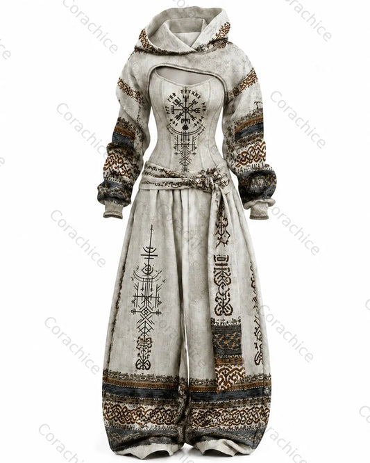 Cardydony Women's Fall Viking-Print Fitted Hooded Jumpsuit and Pants Two-Piece