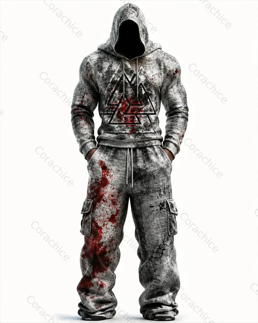 Cardydony Men's Viking Fall/Spring Color-Block Embroidered Hoodie and Pants Two-Piece