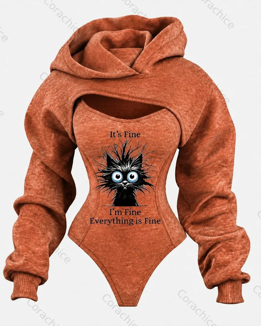 Cardydony Women's Casual Fashion Cute Cat Print Irregular Cut Two-Piece bodysuit