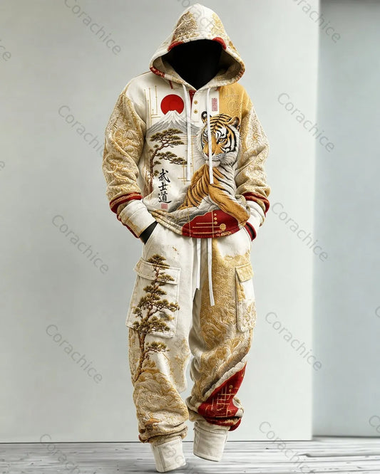 Cardydony Men's Fall and Winter Japanese-Style Printed Hooded & Pants Two-Piece