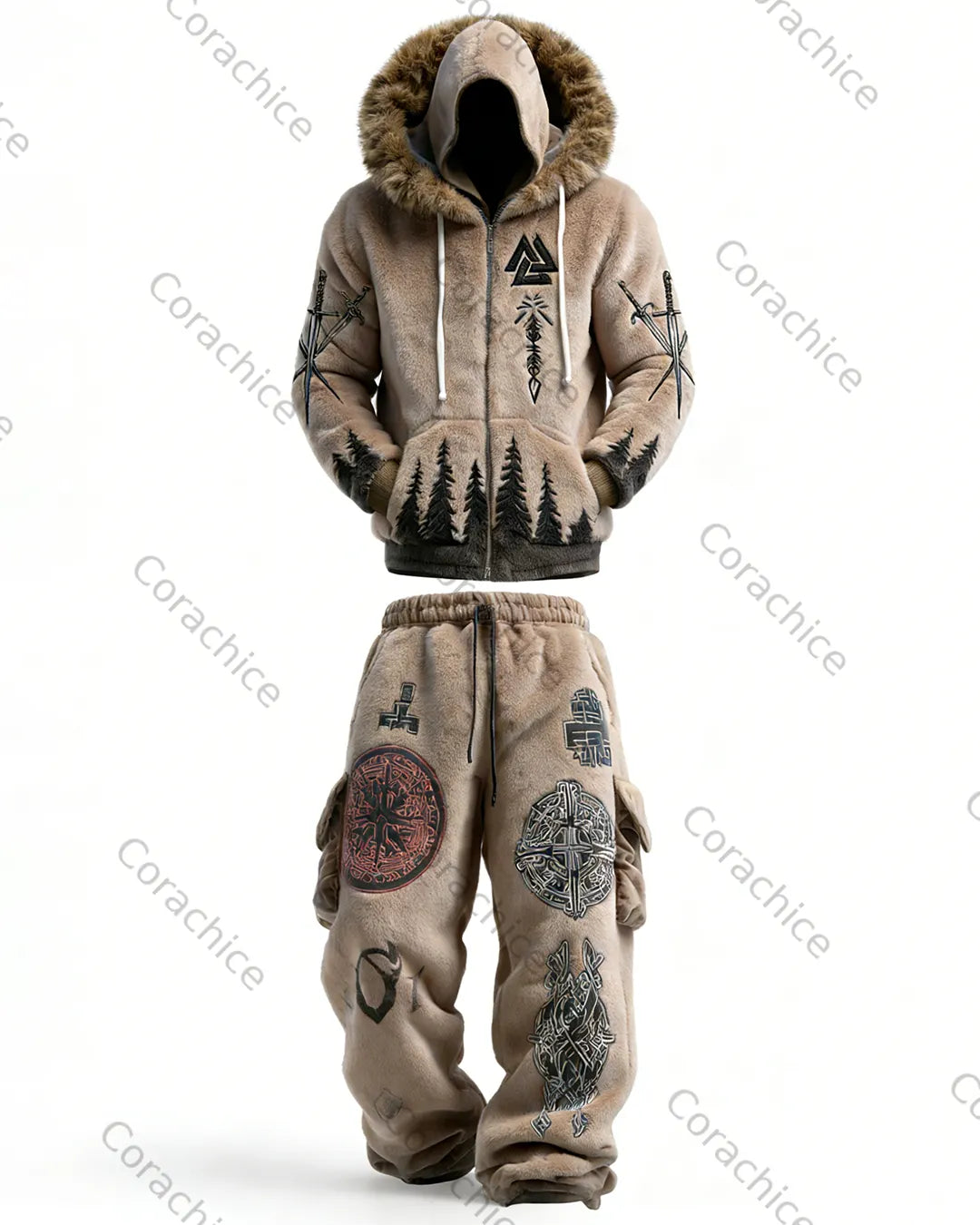 Cardydony Men's Viking Winter Warmth Embroidered Fleece Hoodie with Fur Collar and Pants Velvet Two-Piece