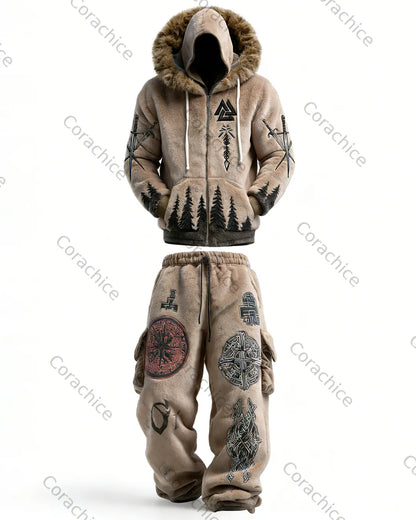 Cardydony Men's Viking Winter Warmth Embroidered Fleece Hoodie with Fur Collar and Pants Velvet Two-Piece