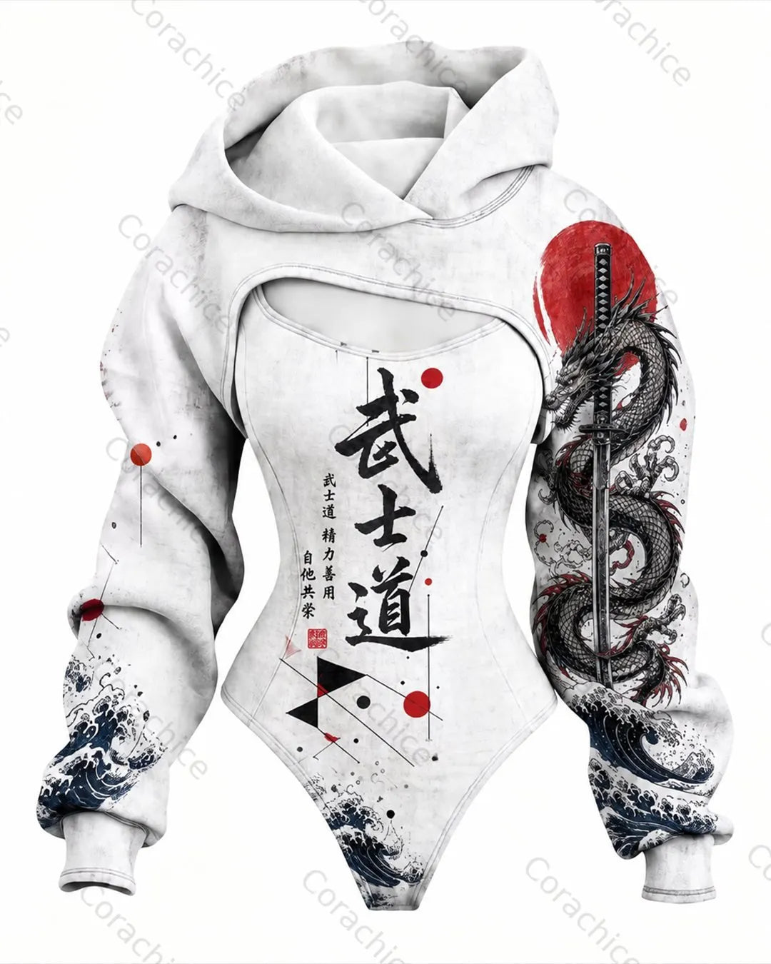Cardydony Women's Japanese-Style Printed Fitted Hooded Jumpsuit
