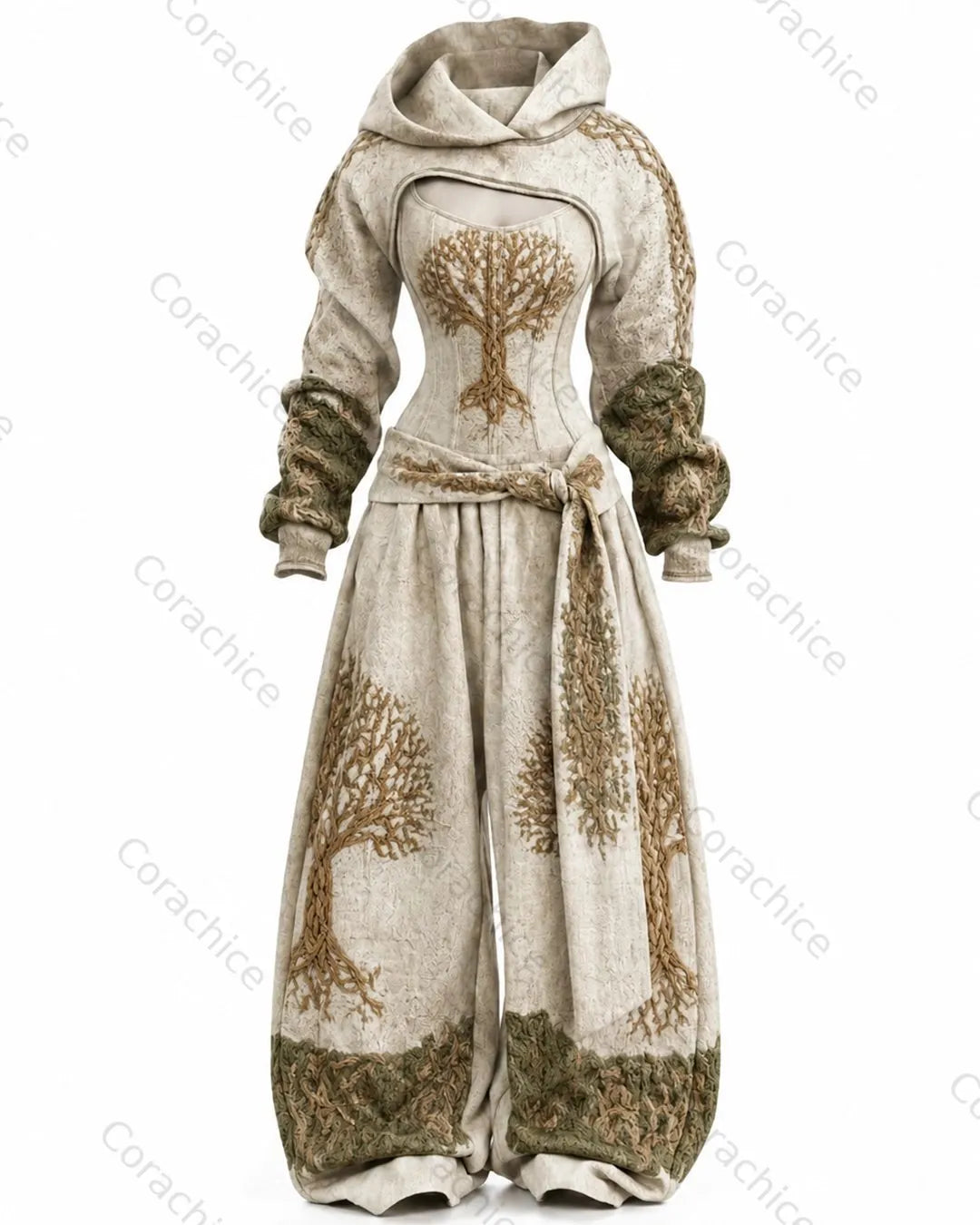 Cardydony Women's Fall Viking-Print Fitted Hooded Jumpsuit and Pants Two-Piece