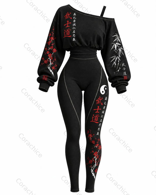 Cardydony Women's Japanese Art Print Long-Sleeved Casual Off-Shoulder Long-Sleeved Top & Leggings Two-Piece