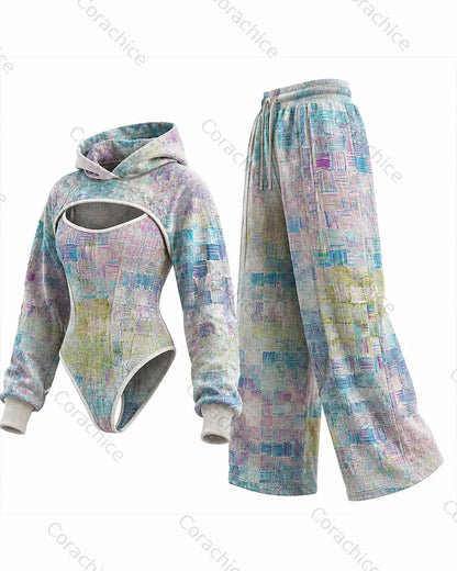 Cardydony Women's Japanese Retro Art Print Irregular Cut Two-Piece Jumpsuit & Pants