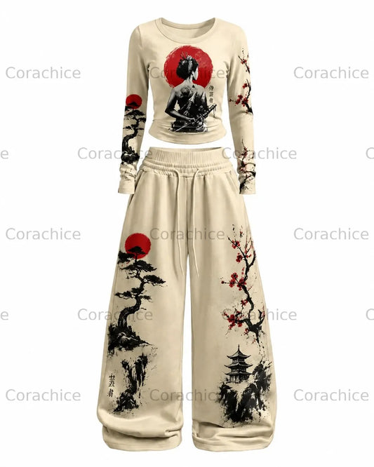 Cardydony Women's Japanese-Style Printed Casual T-Shirt and Pants Two-Piece