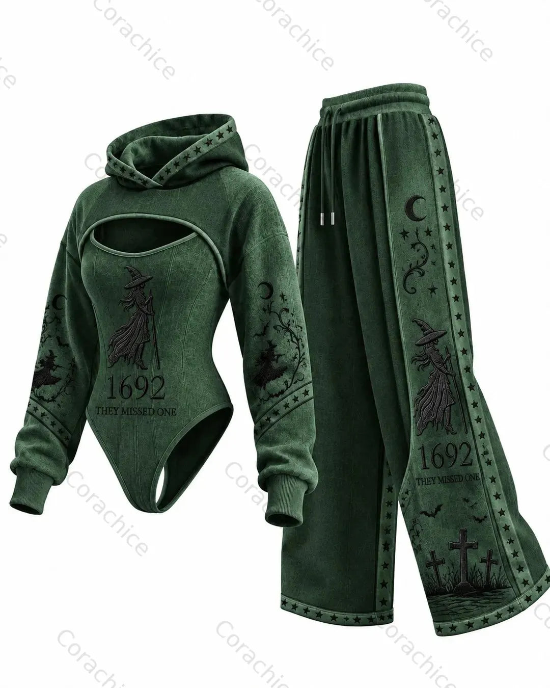 Cardydony Women's Fun Halloween Witch Print Casual Irregular Cut Two-Piece Bodysuit & Pants